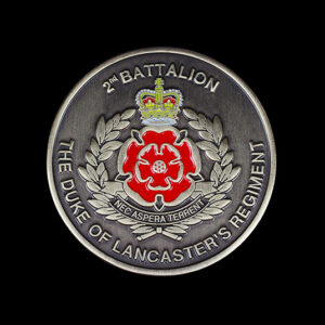 Custom military challenge coin for the 2nd Battalion The Duke of Lancaster’s Regiment, featuring the regiment’s red rose emblem, royal crown and laurel wreath design in an antique silver finish.