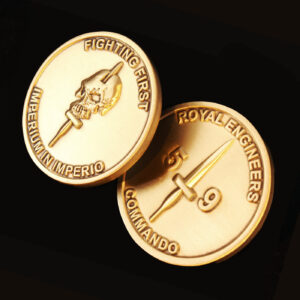 Gold antique commemorative coin created for 59 Commando Royal Engineers, featuring military insignia and the “Fighting First” motto. A bespoke custom coin ideal for military recognition, commemorative events and event planning programmes.