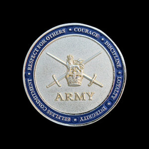 43 Wessex Brigade commemorative army coin featuring a silver finish, blue enamel border, crossed swords and Army crest. Custom military challenge coin designed to recognise service, achievement and core military values.