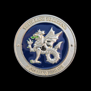 43 Wessex Brigade commemorative coin featuring a detailed silver Welsh dragon design with blue enamel background and the motto “Learn to Lead and Defend.” Custom military challenge coin created to recognise service, leadership and unit pride.