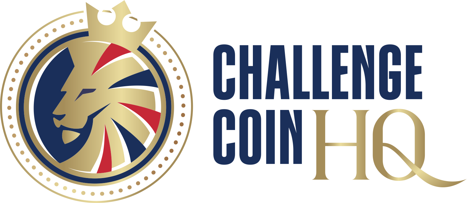 Challenge Coin HQ logo featuring a crowned lion emblem in gold, navy and red alongside the company name, representing bespoke challenge coin design and manufacturing services for event planning, corporate recognition and commemorative events.