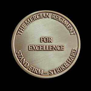 Custom Mercian Regiment commemorative challenge coin featuring the motto “For Excellence” and “Stand Firm – Strike Hard” in an antique silver finish. A bespoke military recognition coin designed to celebrate achievement, service and excellence.